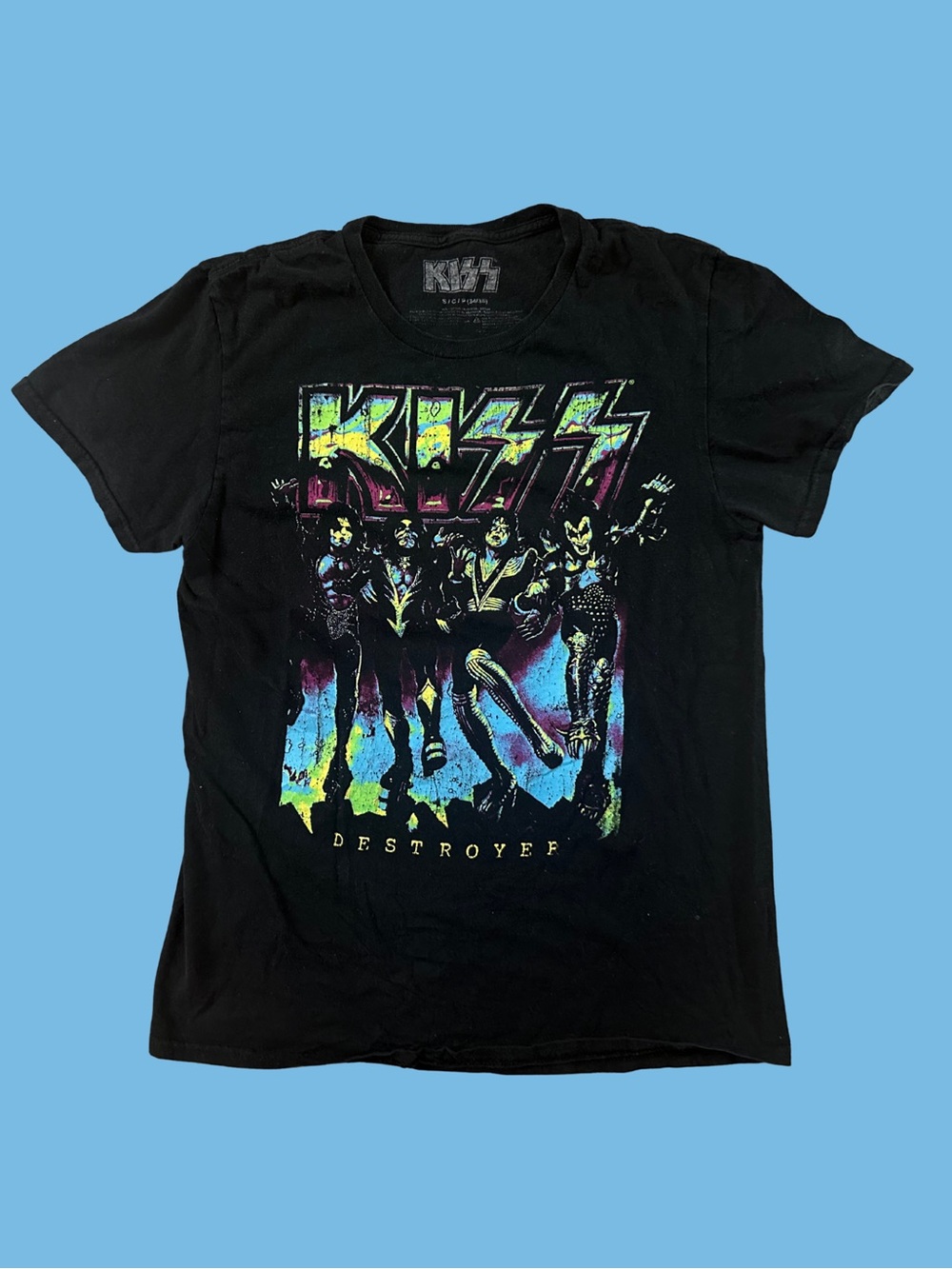 Kiss Black 'Destroyer' Graphic Tee with Neon Band Print